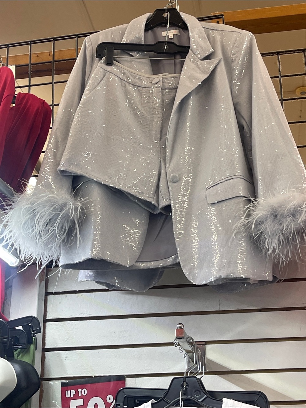 Sequin Feather Cuff Women’s Blazer Jacket - Light Gray shirt set